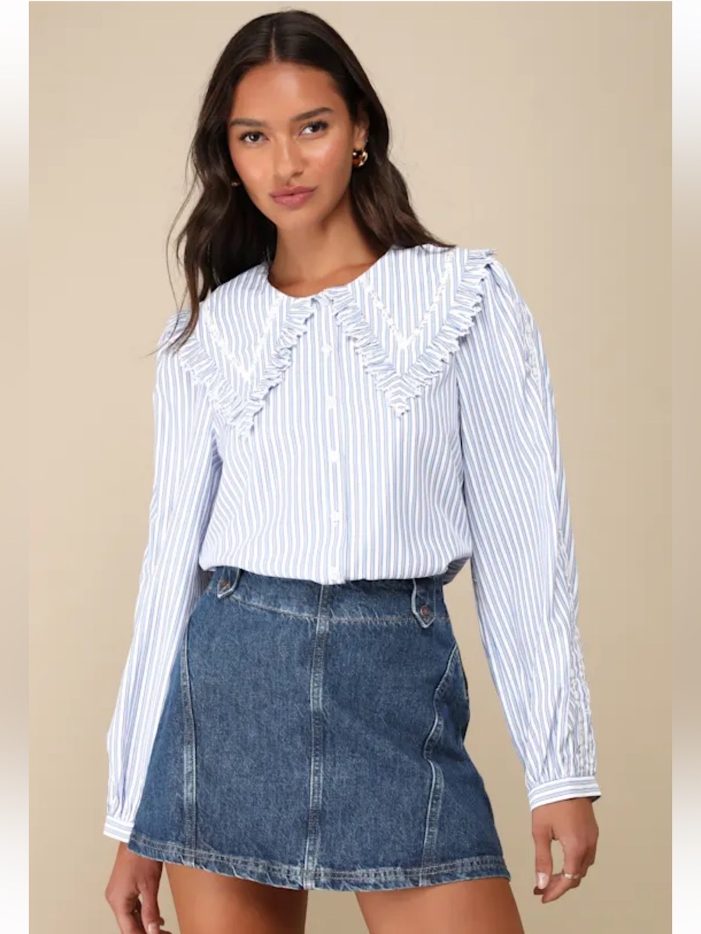 Lulu's Perfectly Parisian Blue & White Striped Collared Long Sleeve Top